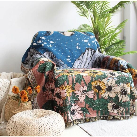 Phases of the Moon Mountain Night Sky Woven Jacquard Throw Blanket Tapestry - Picture 3 of 6